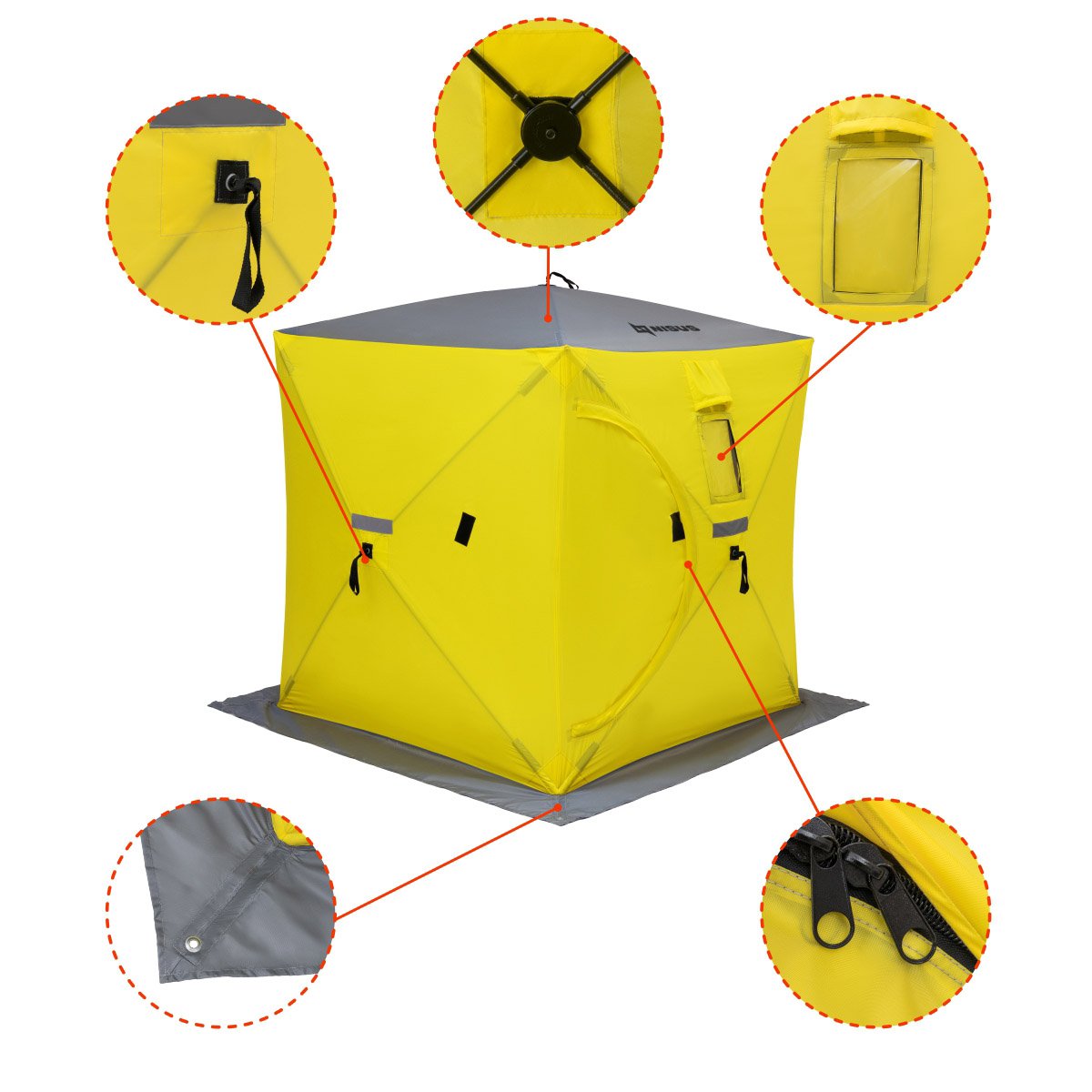Cube Portable Ice Fishing 2 Person Shelter is equipped with an extra wide protective skirt with apertures for ice anchors to fix the shelter, windows for ventilation, solid fiberglass frameand zippers to widely open/close the shelter
