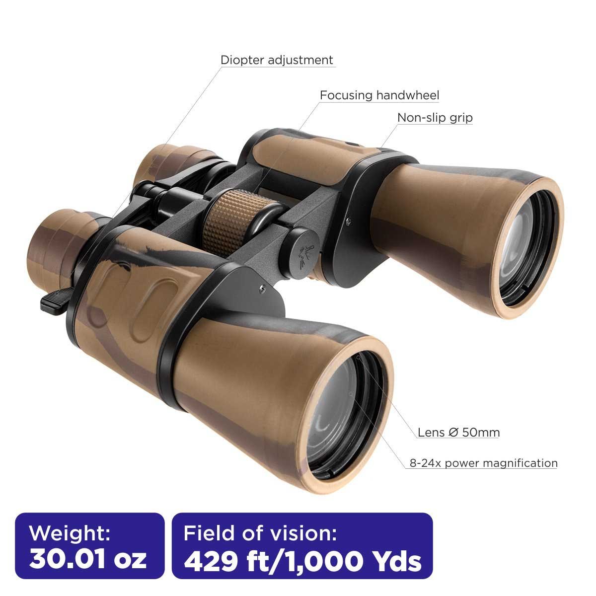 8-24x50 Hunter's Binocular with Travel Case weighs 30 oz, its field of vision stands for thousand yards. It boasts a non-slip grip, diopter adjustment, 50 mm lens, 8-24x magnification and a focusing handwheel