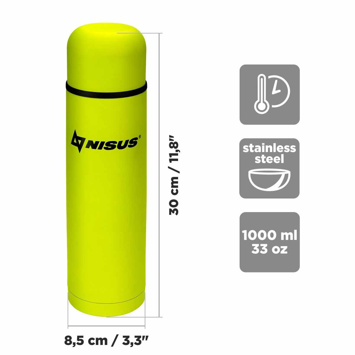 Compact Insulated Vacuum Flask with 2 Lid Cups, 33 oz, Limited Edition, lime is 11.8 inches high and 3.3 inches wide