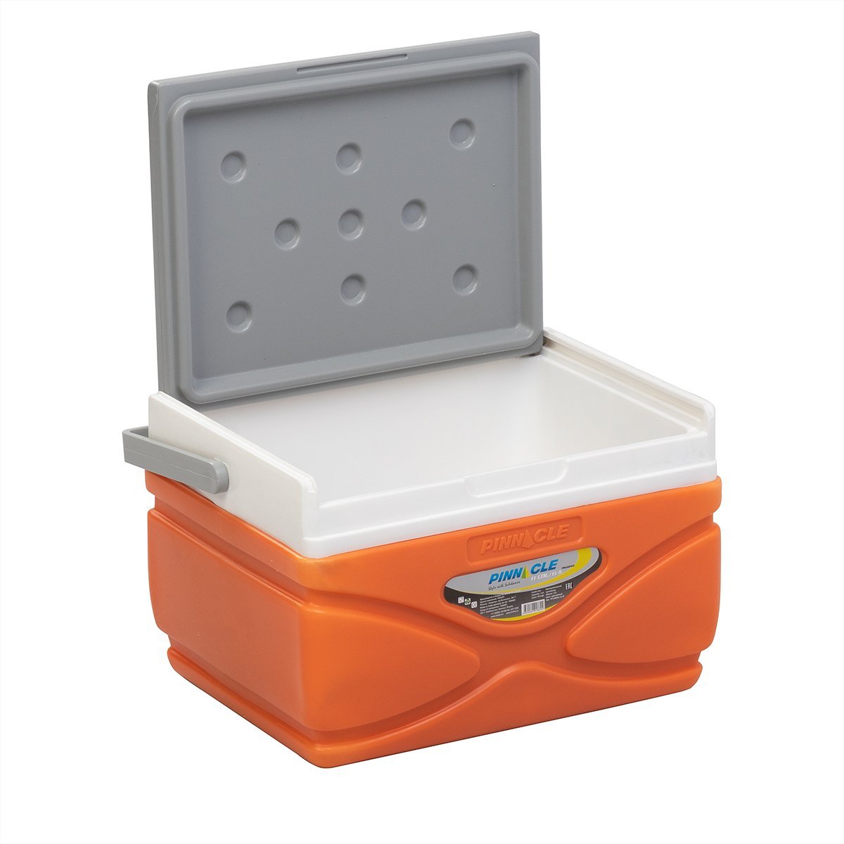 Prudence Portable Hard-Sided Ice Chest for Camping, 11 qt, with handle, orange color with a lid widely open