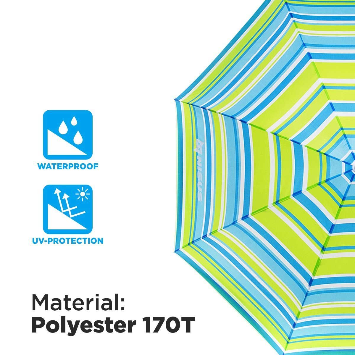 Sea-Green Tilting Beach Umbrella is made of waterproof polyester 170T featuring UV protection