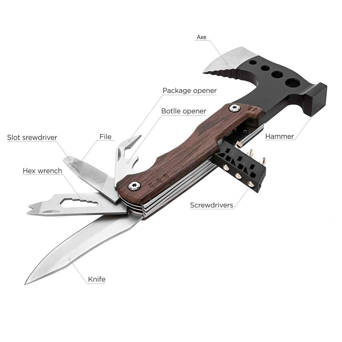 Portable 10-in-1 Axe Multitool for Home and Outdoor contains hex wrench, screwdriver bits, hammer, ax, pakage and bottle opener, knife and file