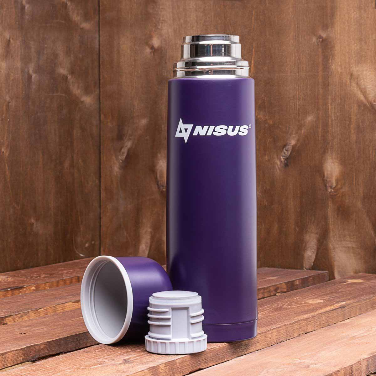 Compact Insulated Vacuum Flask with 2 Lid Cups, 33 oz, Limited Edition, purple standing om the wooden bench