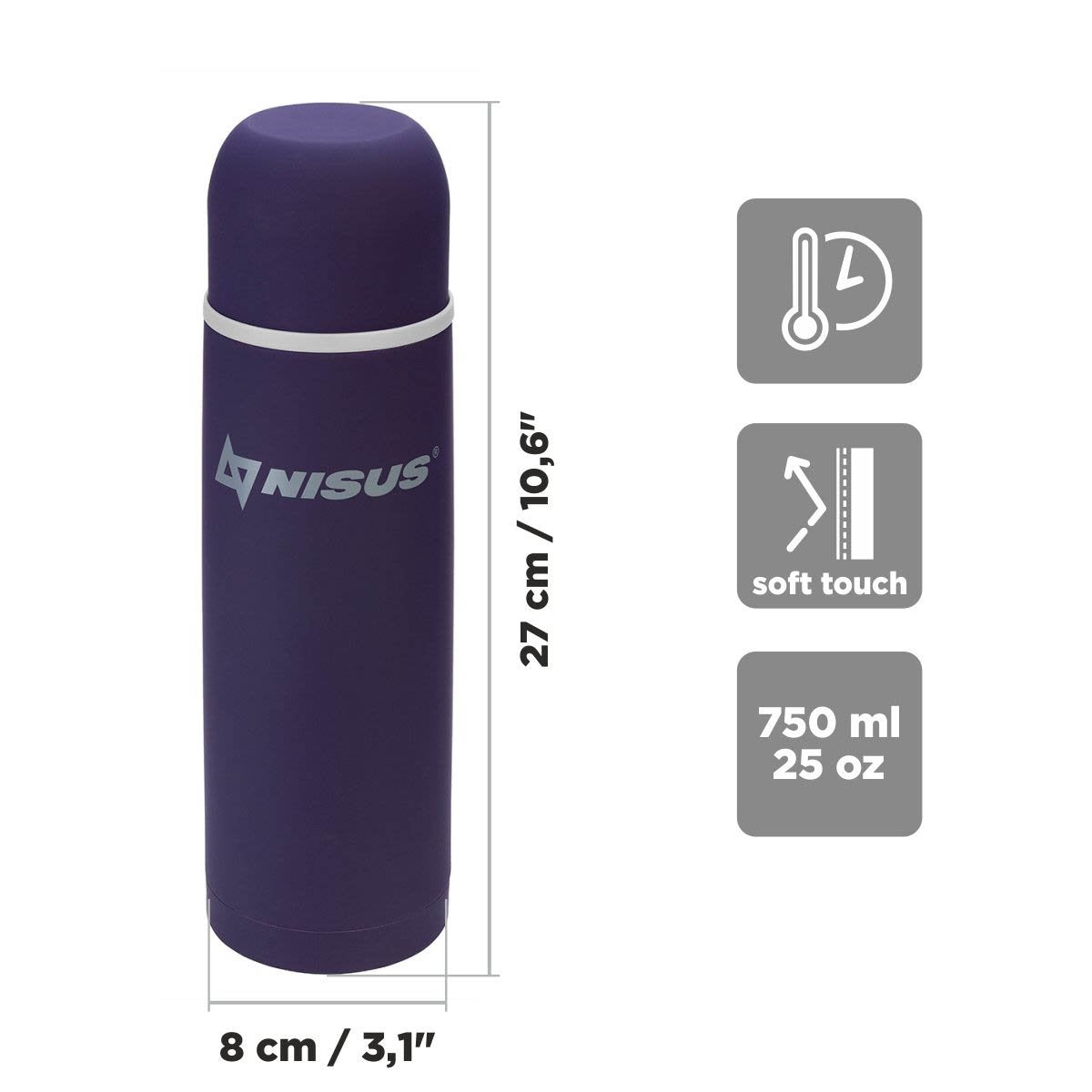 Portable Insulated Water Flask with Strainer, Purple, 25 oz is 10.6 inches high and 3.1 inches wide