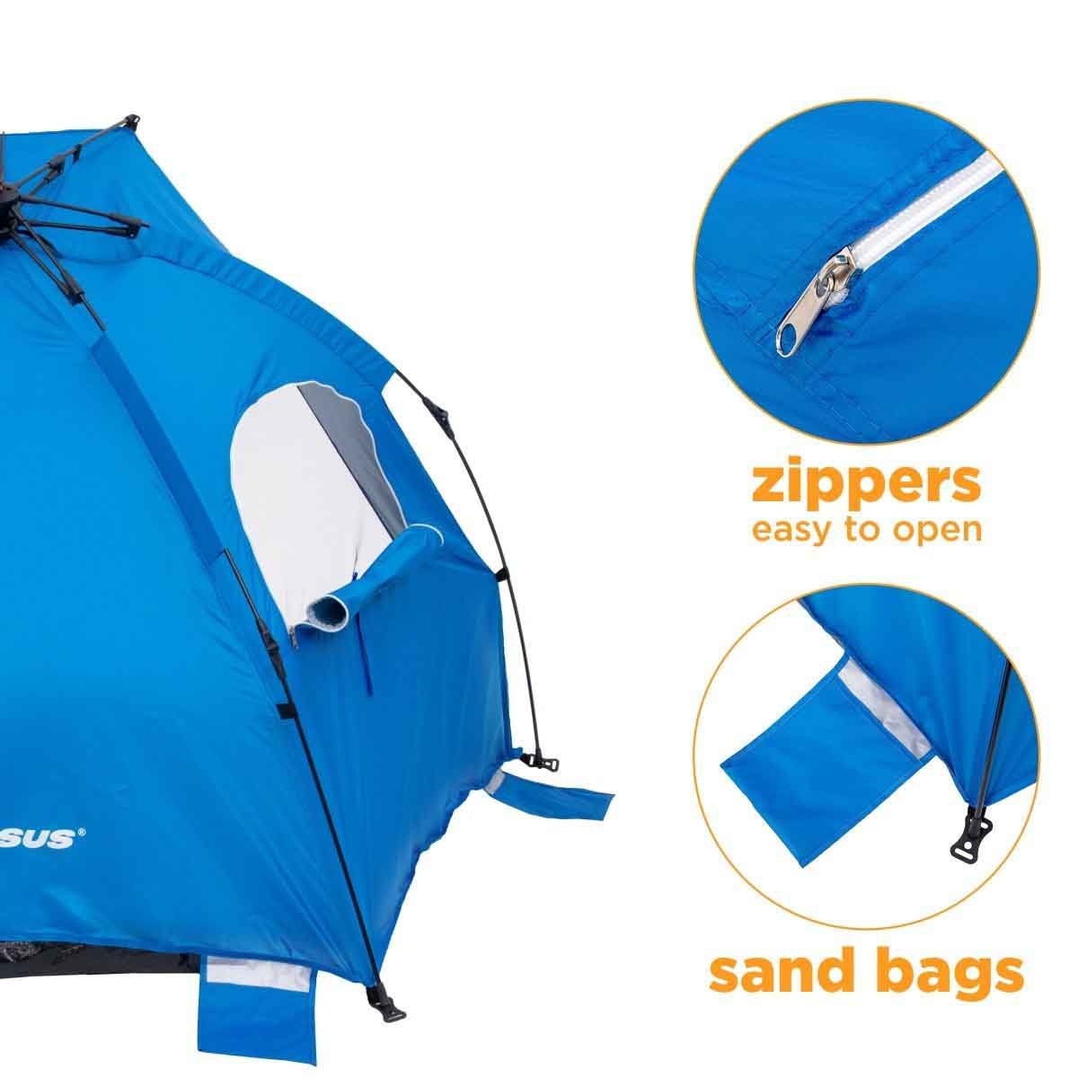 2 Person Easy Up Beach Tent Sun Shade Shelter UPF 50+ is equipped with sand bags and is easily opened with zipper locks