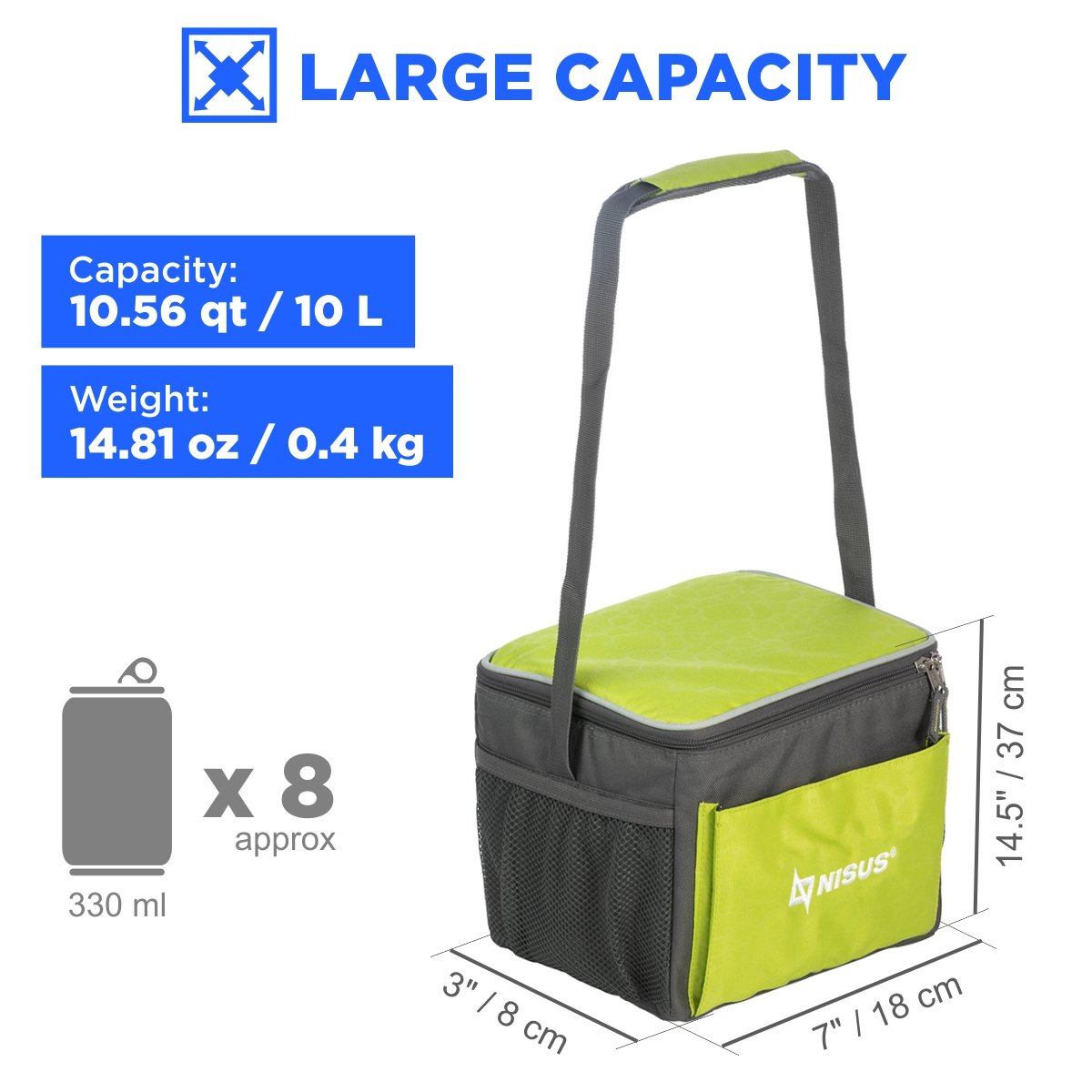 11 qt Beach Soft Sided Cooler Bag for 8 cans weighs less than 15 oz, it is 7 inches long, 3 inches wide and 14.5 inches high