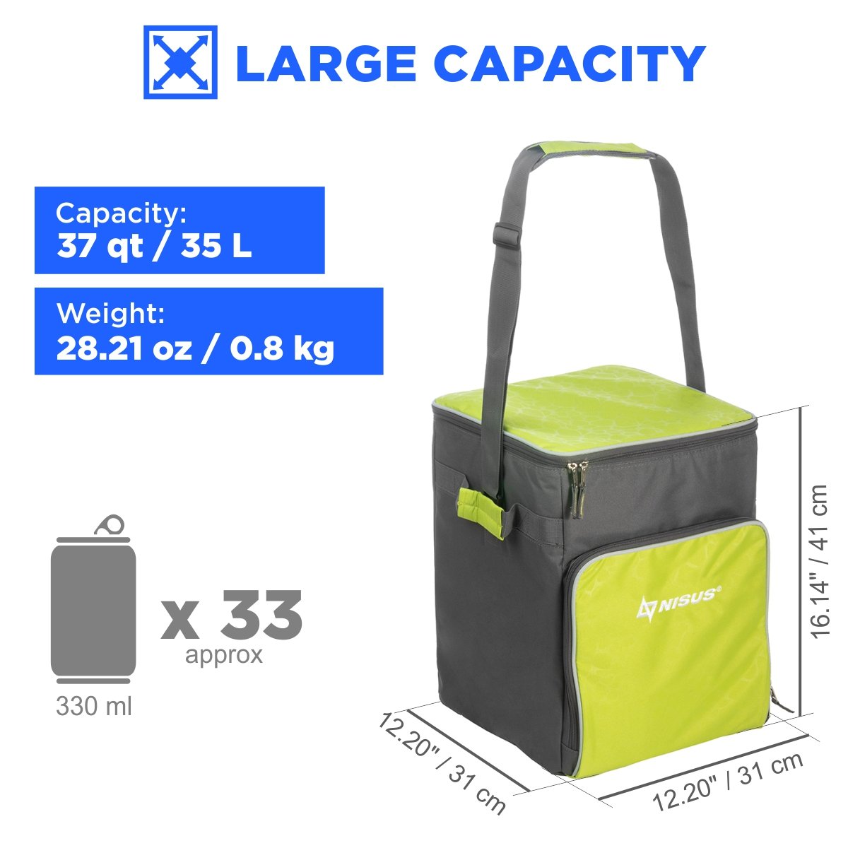37 qt Beach Soft Sided Cooler Bag for 33 cans weighs 28 oz, it is 12.2 inches long, 12.2 inches wide and 16.1 inches high