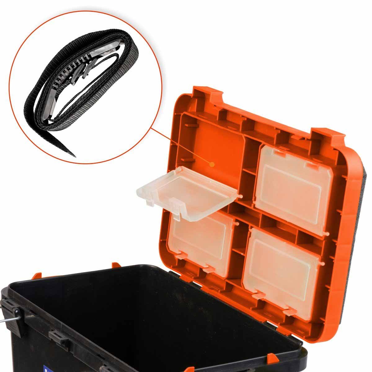 FishBox Large 5 gal Box for Ice Fishing is equipped with adjustable shoulder strap
