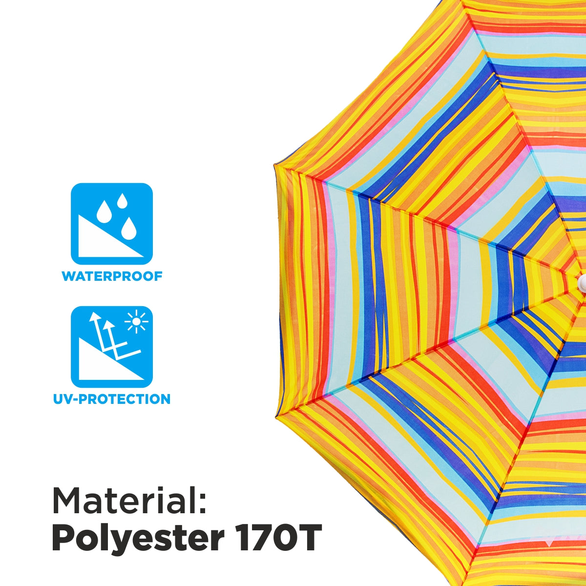 Nisus folding beach umbrella made of waterproof 170 T polyester provides you with UV protection