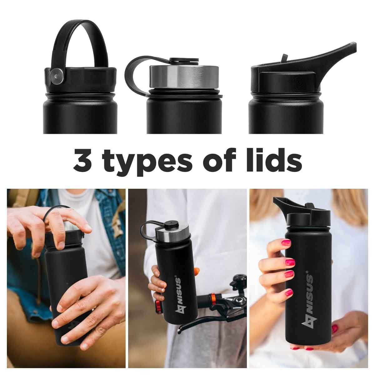 Stainless Steel Insulated Sport Water Bottle is featuring three lid types