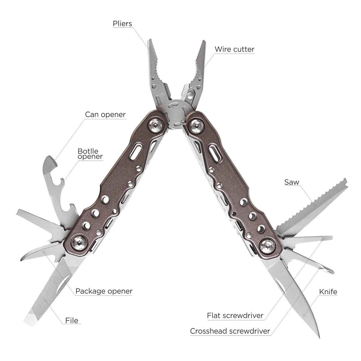Compact 7-in-1 Pliers Multitool for Home and Outdoor contains pliers, wire cutter, can and bottle openers, file, knife, saw and flat screwdriver