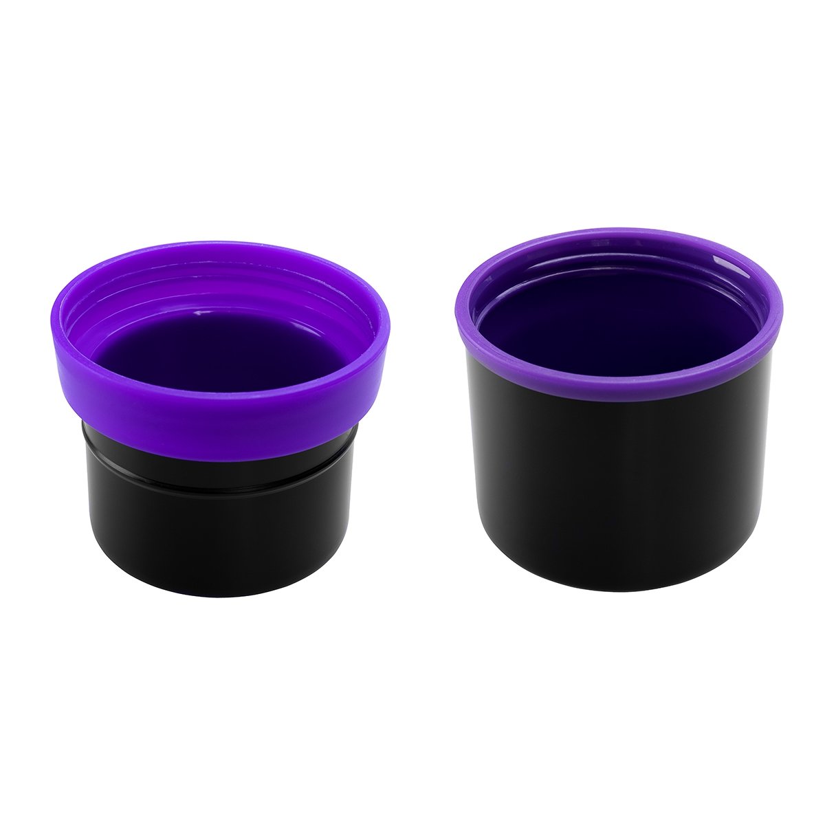 Two black and violet lid cups