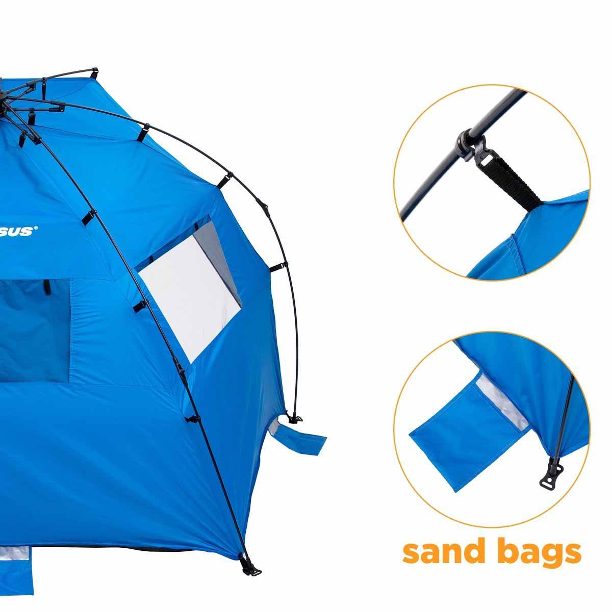 4 Person Large Easy Up Beach Tent Sun Shade Shelter is equipped with sand bags and is easily opened with zipper locks