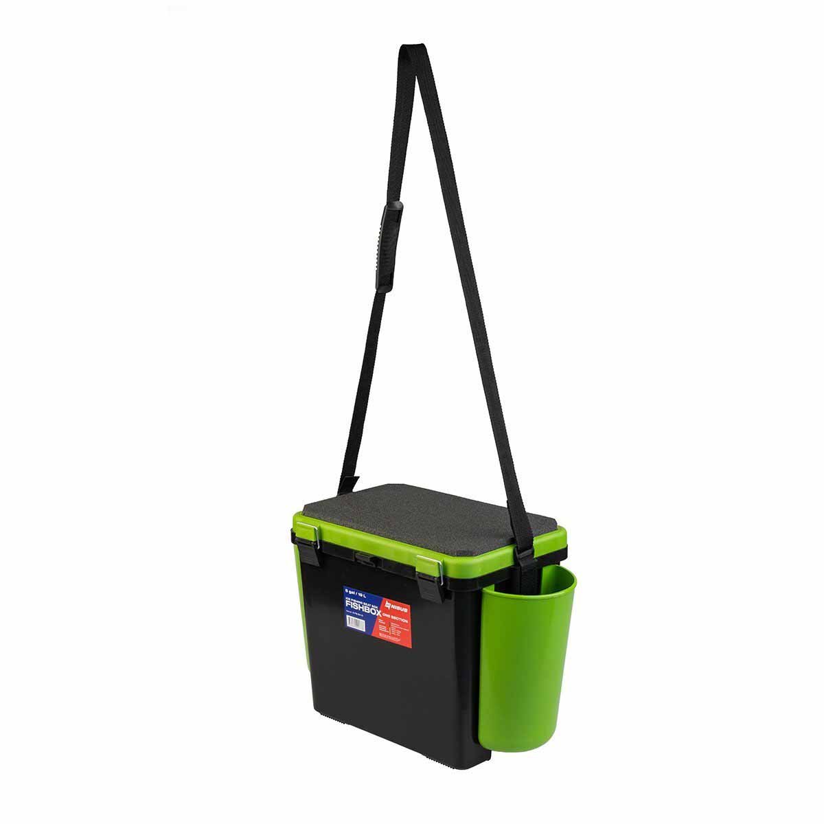 FishBox Large 5 gal SeatBox for Ice Fishing Tackle and Gear with adjustable shoulder strap, green