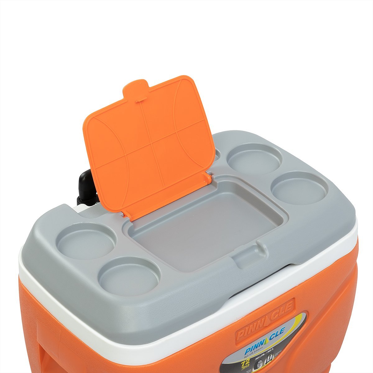 Prudence Large Wheeling Ice Chest's lid features 4 glass holders and one small extra storage compartment