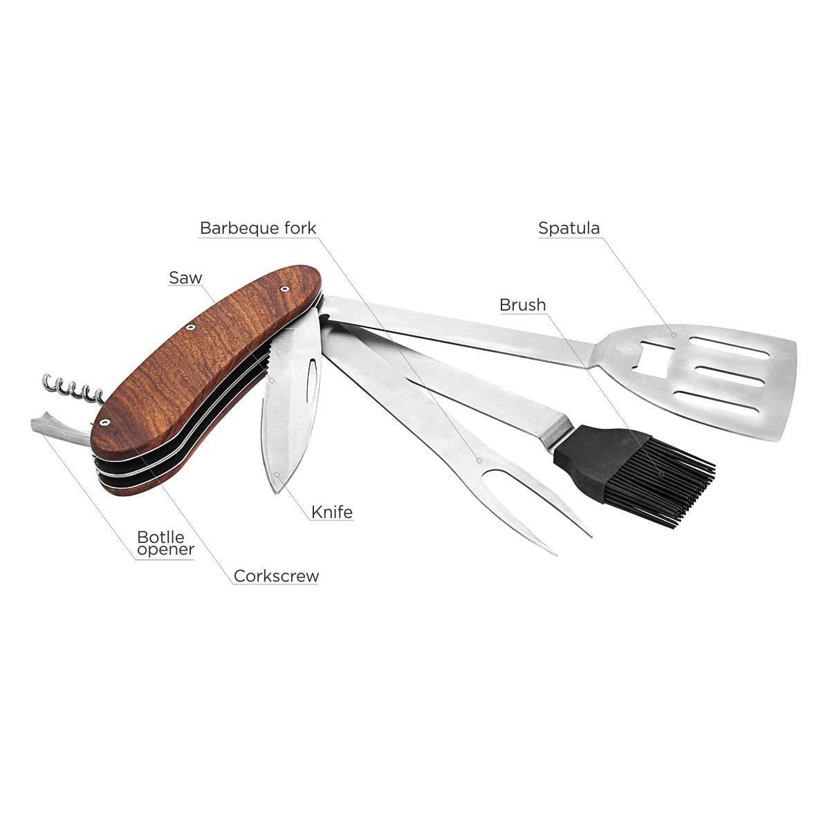 BBQ Multi Tool for Grill and Barbecue includes a spatula, a brush, a bbq fork, a knife, a corkscrew, a bottle opener and a saw