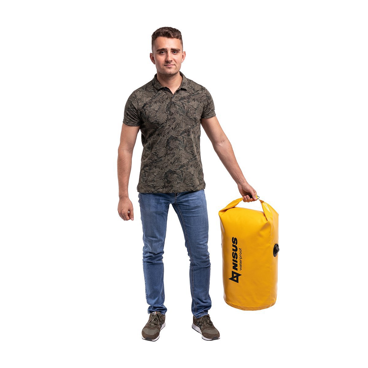 A man carrying a 50 L Waterproof Spacious Dry Bag, Yellow