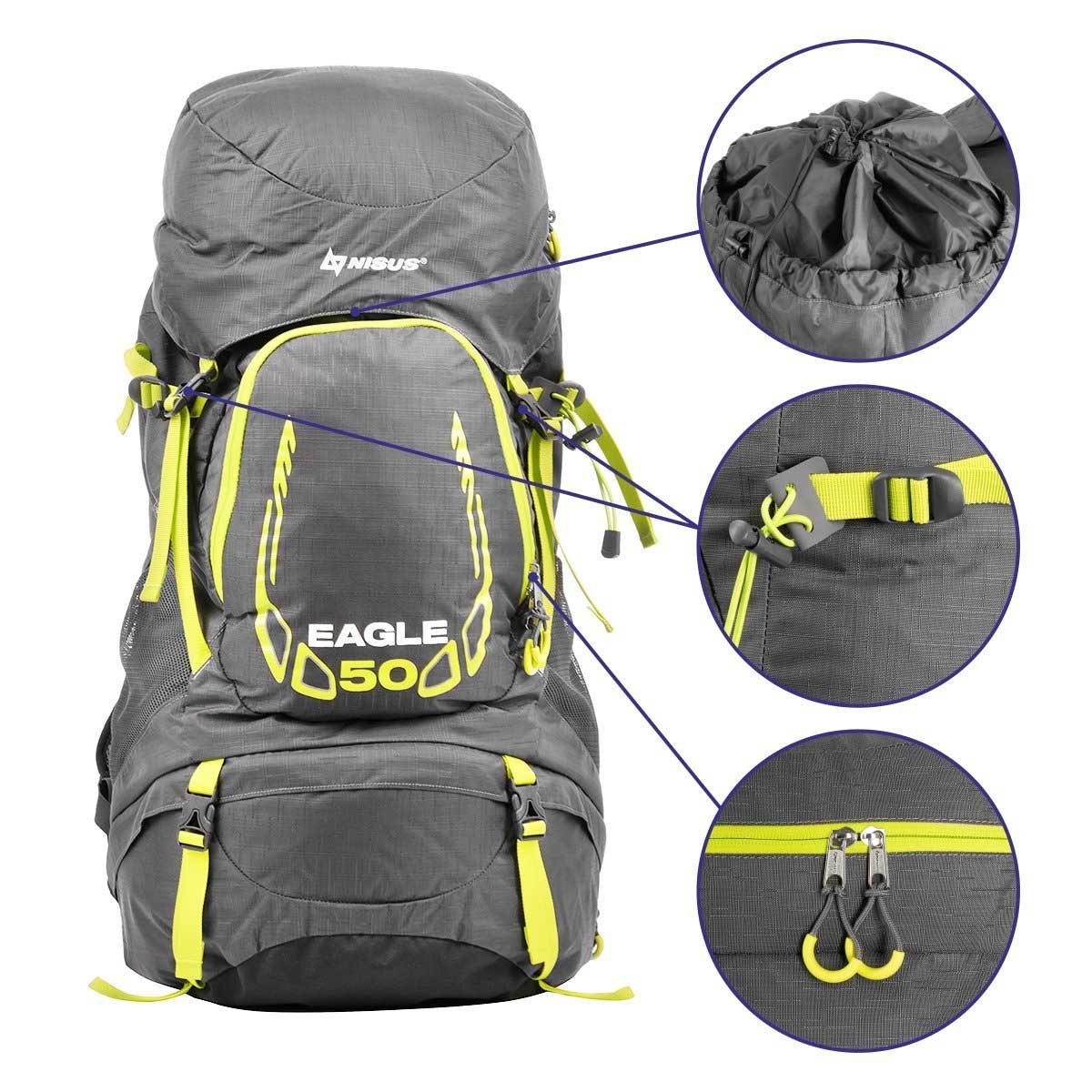 Nisus Eagle 50 L Internal Frame Hiking Backpack, Rain Cover