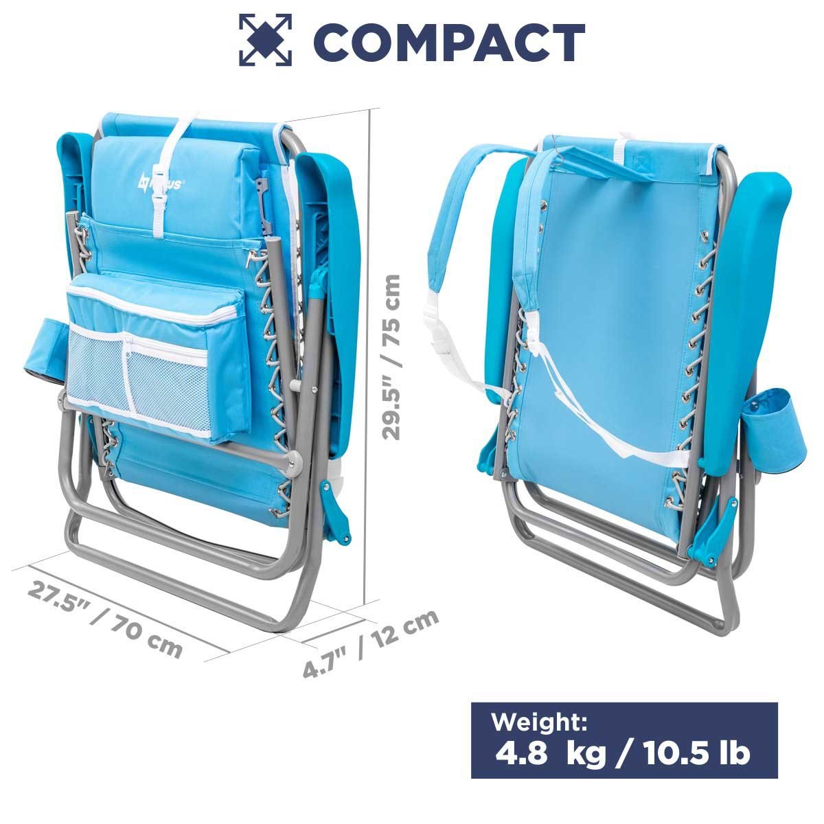Premium Backpack Beach Chair with Cooler Bag and Headrest, Blue could be easily carried as a backpack thanks to adjustable shoulder straps. It is only 27.5 inches wide. 29.5 inches long and 4.7 inches thick when folded 