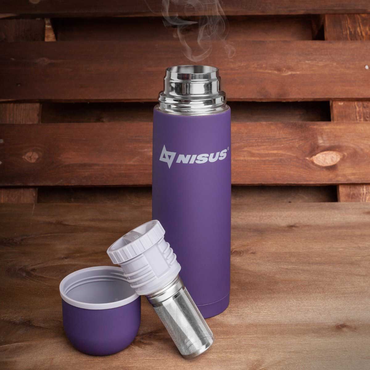 Portable Insulated Water Flask with Strainer, Purple, 25 oz with hot drink inside is standing on the wooden bench