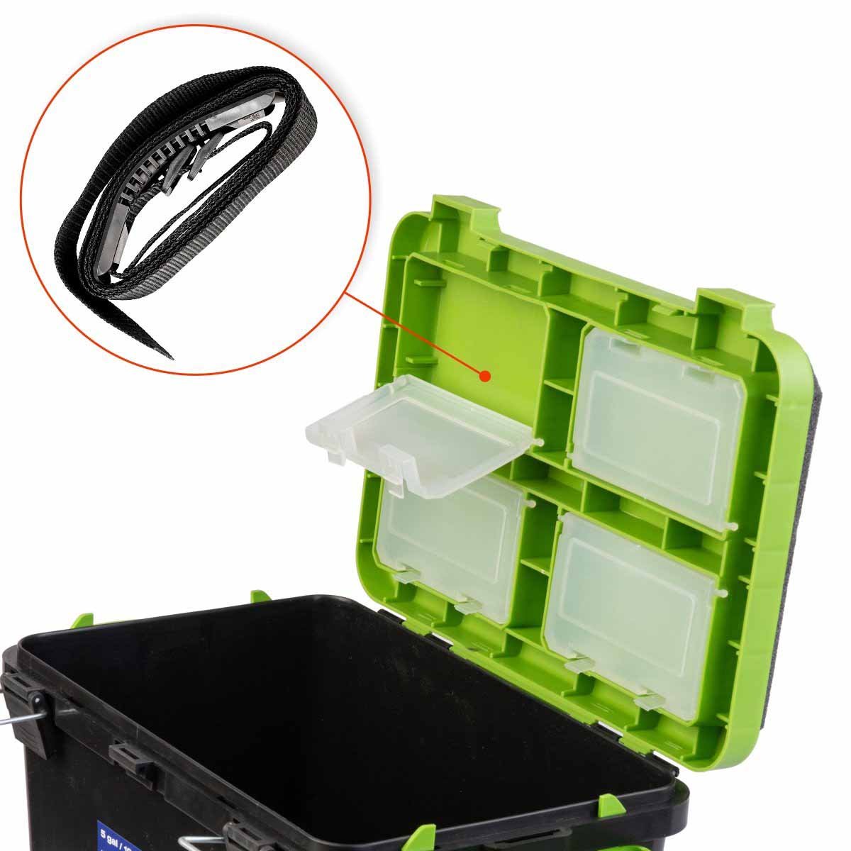 FishBox Large 5 gal Box for Ice Fishing is equipped with adjustable shoulder strap