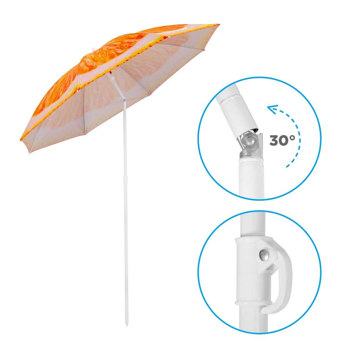 Orange Folding Tilting Beach Umbrella boasting a 30 degree inclining angle