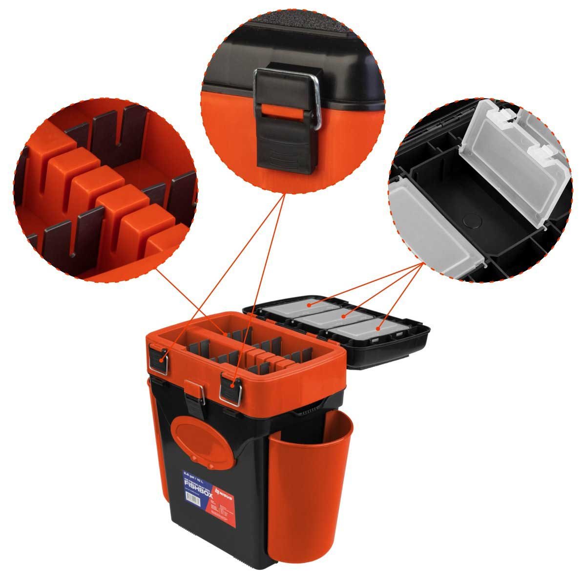 FishBox 10 liter Box for Ice Fishing is equipped with plastic diveders and 3 plastic boxes for handy storage.