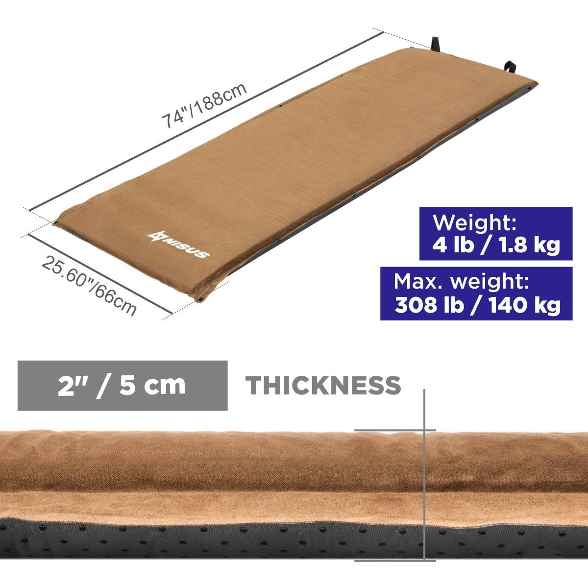 2-inch Lightweight Self Inflating Camping Sleeping Pad weighs 4 lbs, carries up to 308 lbs. It is 74 inches long and 25.6 inches wide