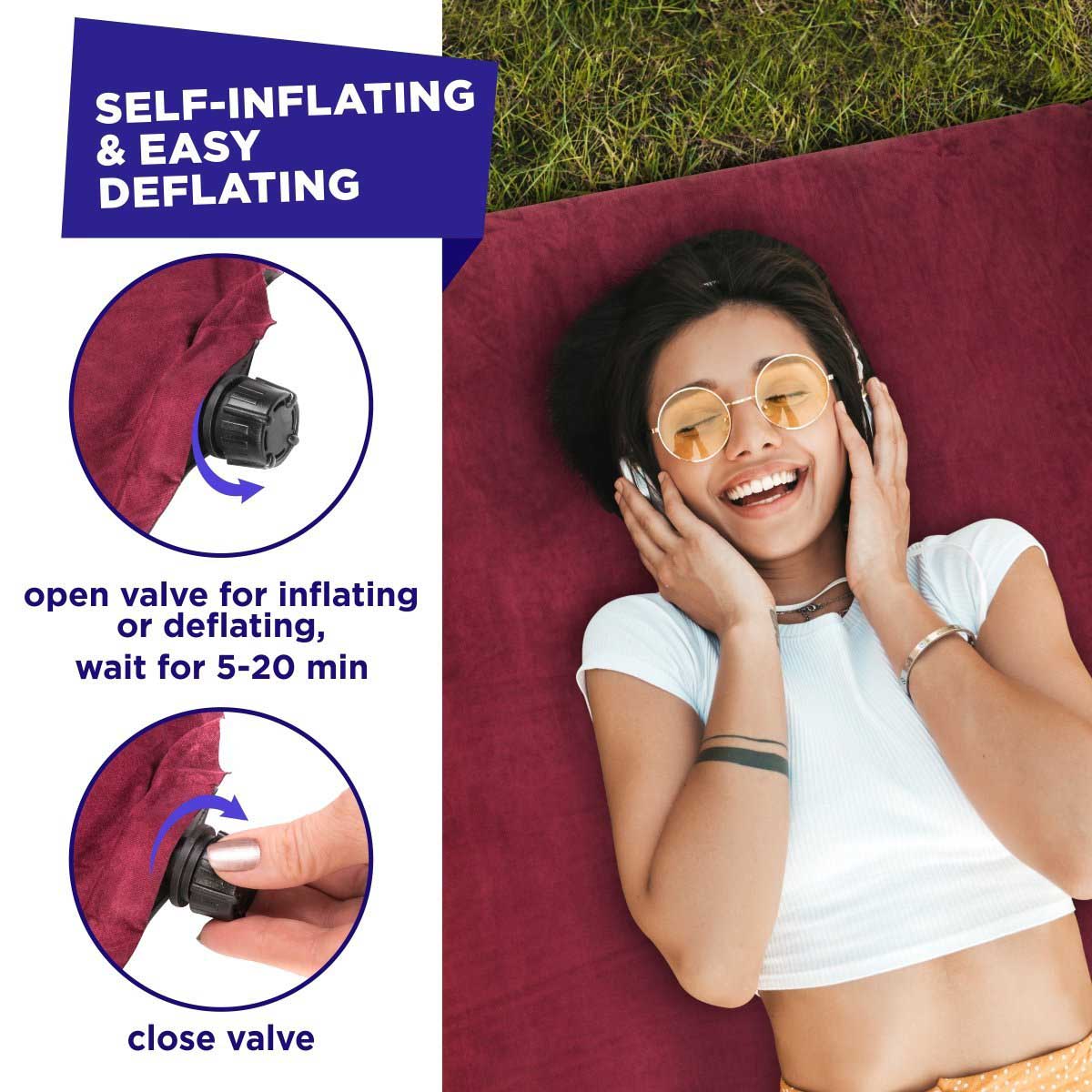 3-inch Self Inflating Camping Sleeping Pad is easily inflating - just open the valve and close it after 5-20 minutes