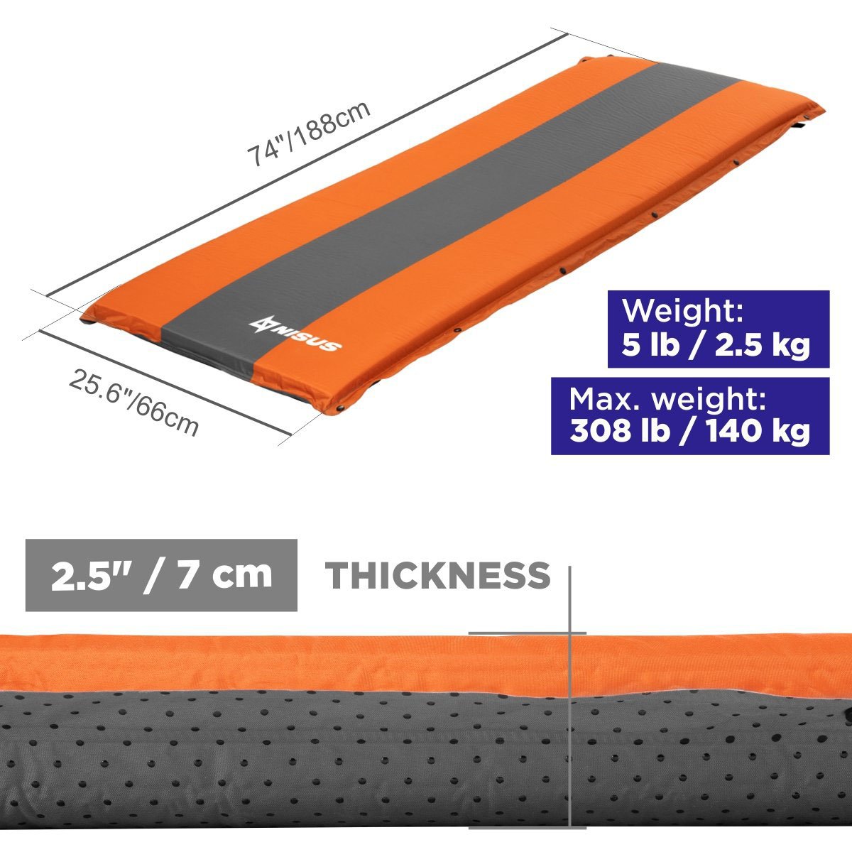74" long, 25.6" wide, 2.5" thick Orange Self Inflating Sleeping Pad weighs only 5 lb