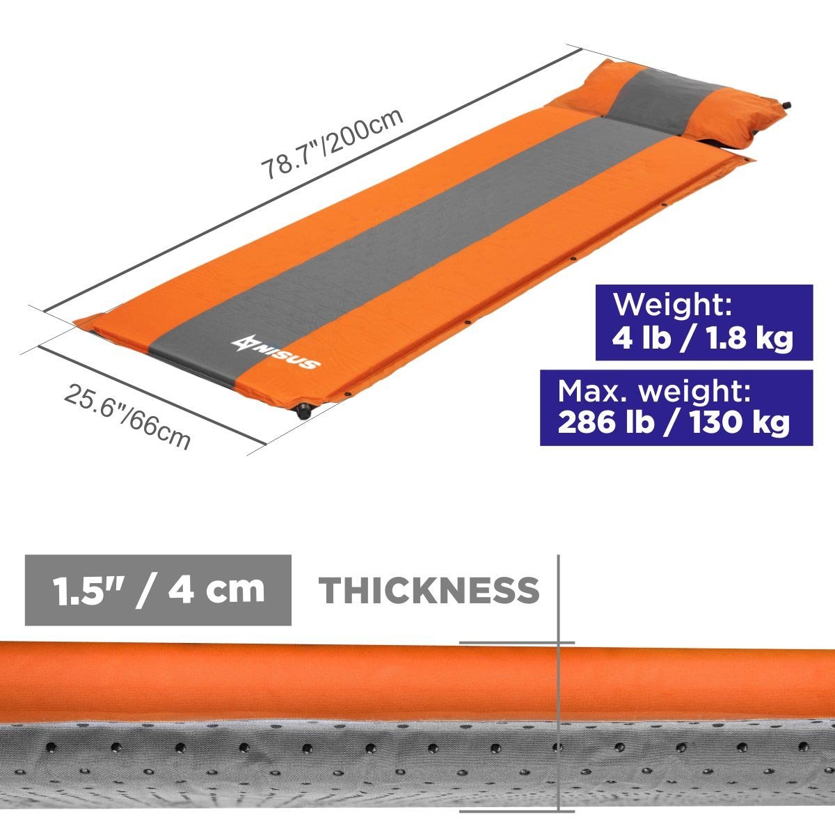 78.7" long, 25.6" wide, 1.5" thick Orange Self Inflating Sleeping Pad with Pillow