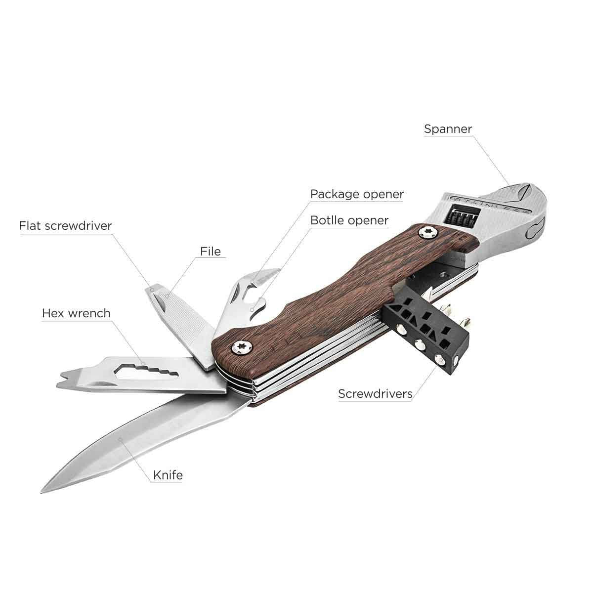 This 8-in-1 multitool delivers a lot of useful stuff: adjustable wrench, three screwdriver bits, knife, bottle opener, file, nut wrenches, spanner, and pry tool