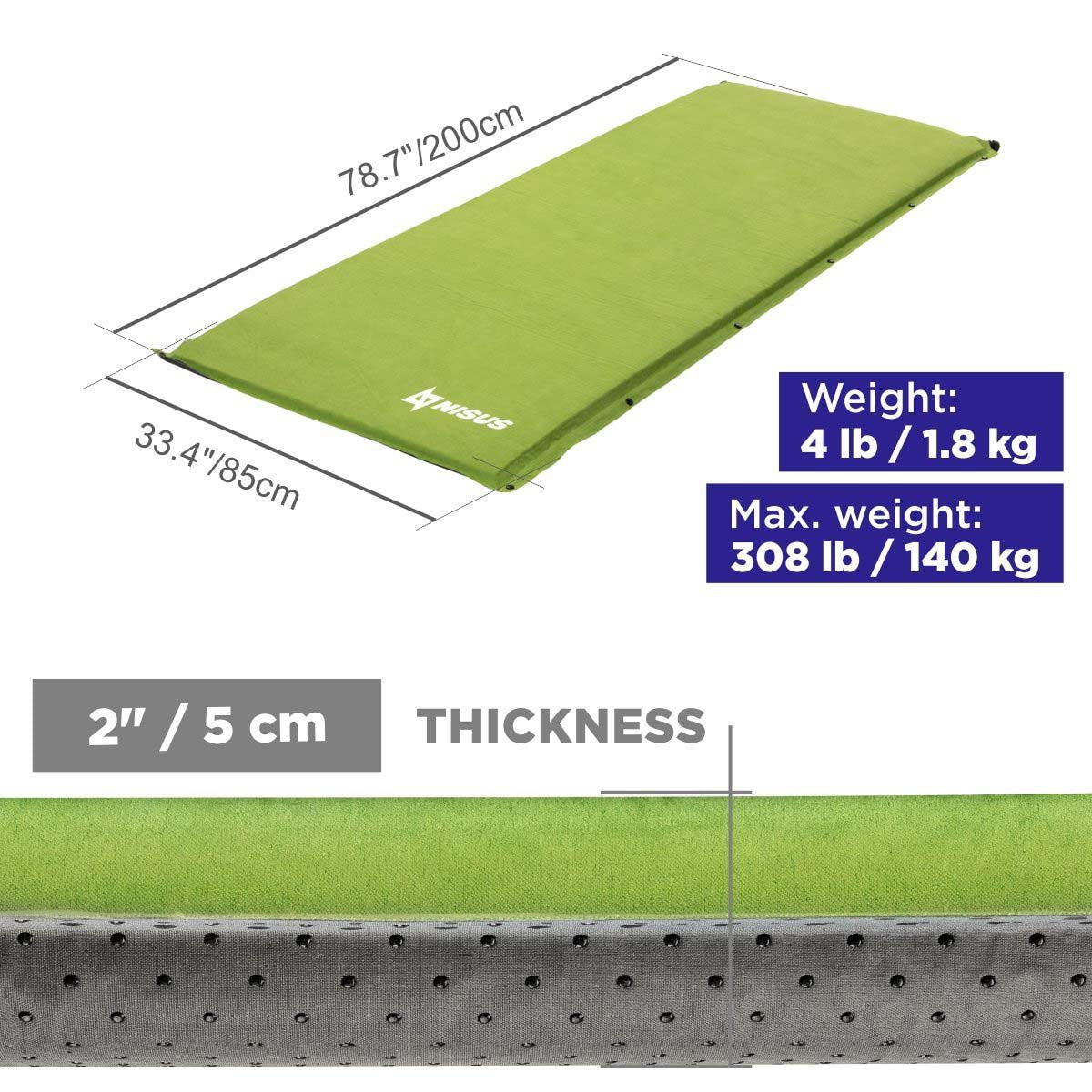 2-inch Lightweight Self Inflating Camping Sleeping Pad weighs 4 lbs, carries up to 308 lbs. It is 78.7 inches long and 33.4 inches wide