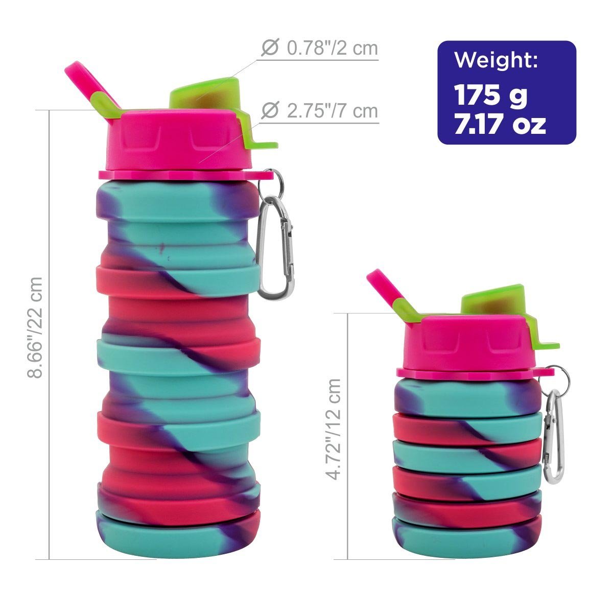 Portable Collapsible Silicone Water Bottle with a Straw Lid, 16 oz is collapsible, thus cutting its length from 8.66 to 4.72 inches. It weighs 7 oz. 