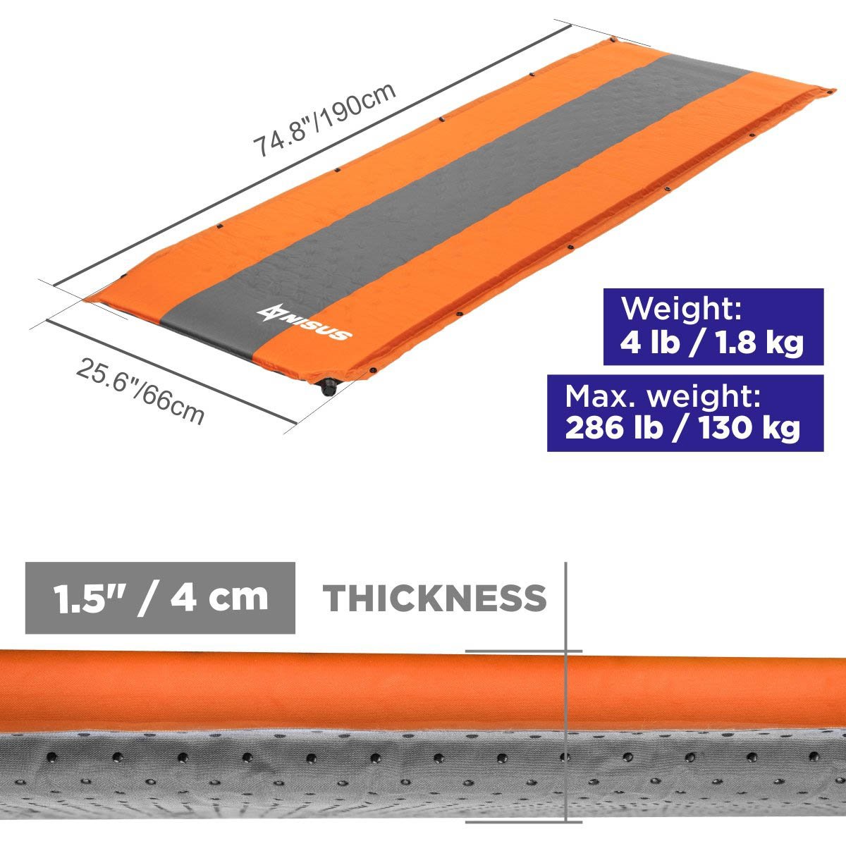 78" long, 25.6" wide, 1.5" thick Orange Self Inflating Sleeping Pad carries up to 286 lbs and weighs only 4 lbs