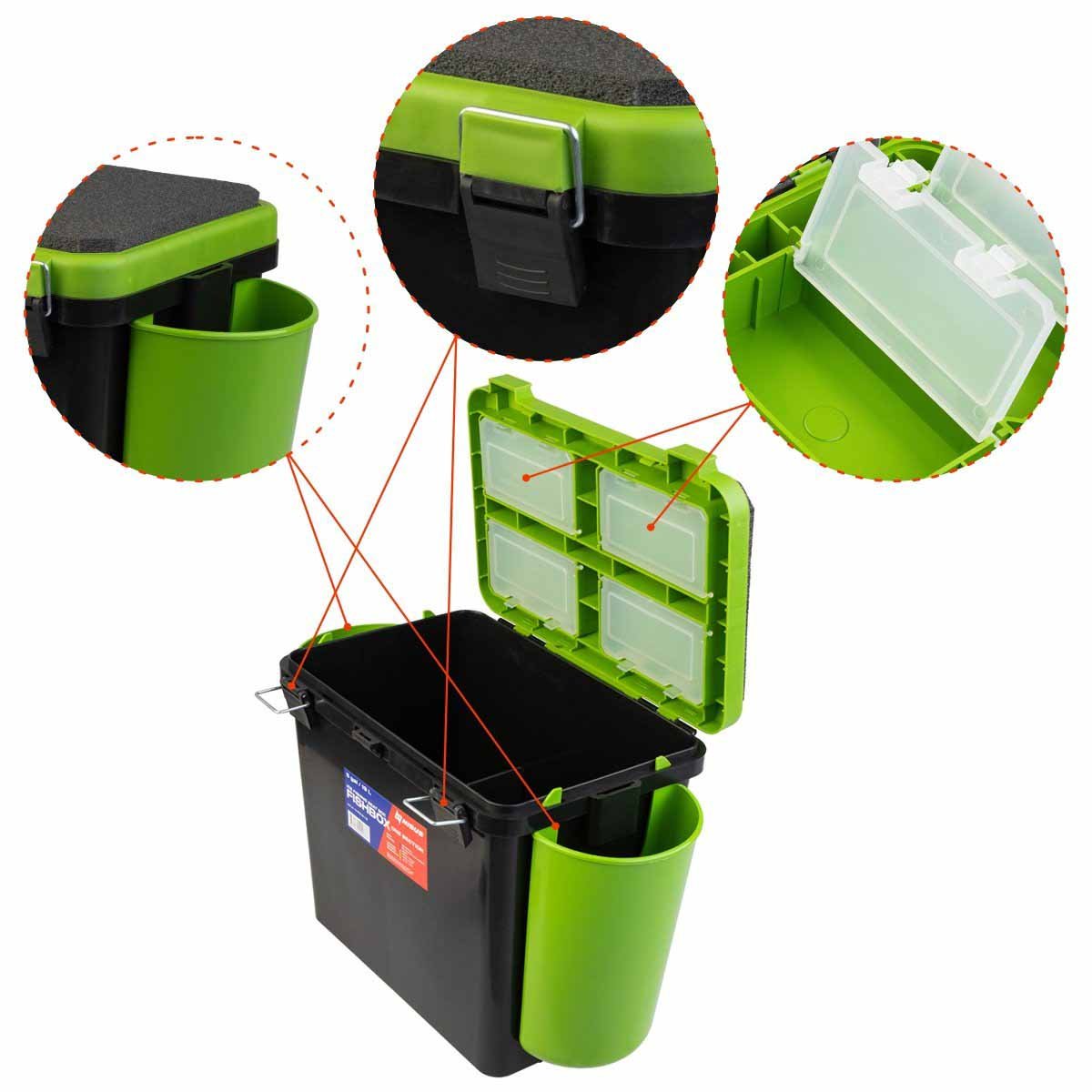 FishBox Large 5 gal Box for Ice Fishing is equipped with 2 plastic side pockets and 4 plastic boxes for handy storage.