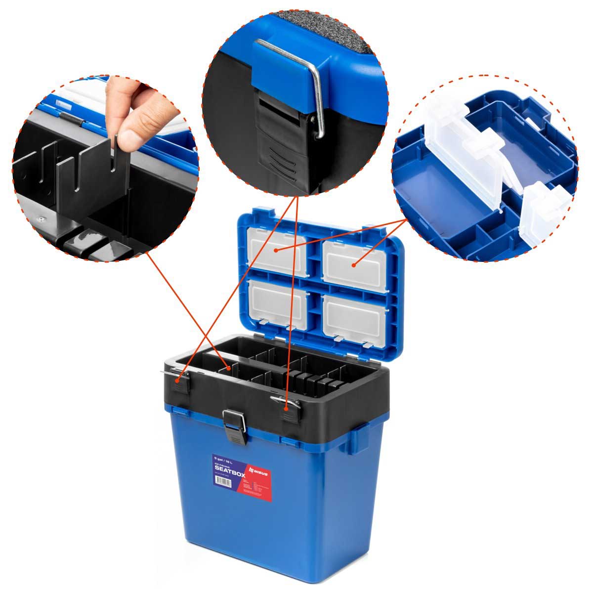 Ice Fishing Bucket Type Box with Seat and Adjustable Shoulder Strap upper compartment is equiped with plastic dividers and plastic boxes for easy storage