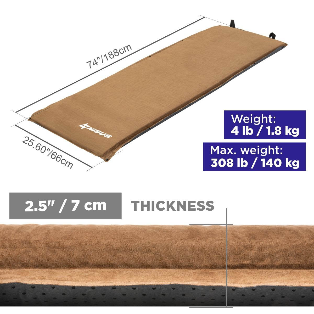 74" long, 25.6" wide, 2.5" thick Beige Self Inflating Sleeping Pad carries up to 308 lbs and  weighs only 4 lb