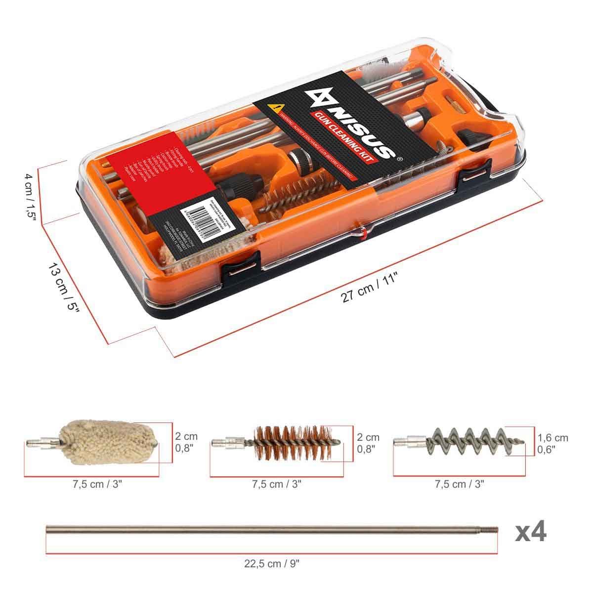 Gun Cleaning Kit, 16 Caliber, 11 Items, Plastic Case is 11 inches long, 5 inches wide and 1.5 inches high