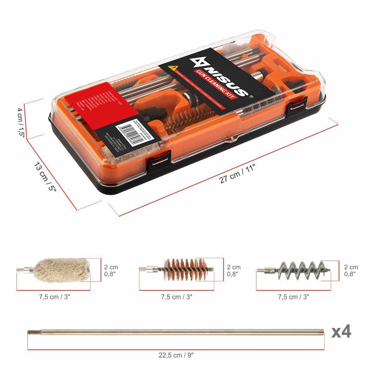 Gun Cleaning Kit, 12 Caliber, 11 Items, Plastic Case is 11 inches long, 5 inches wide, 1.5 inches high
