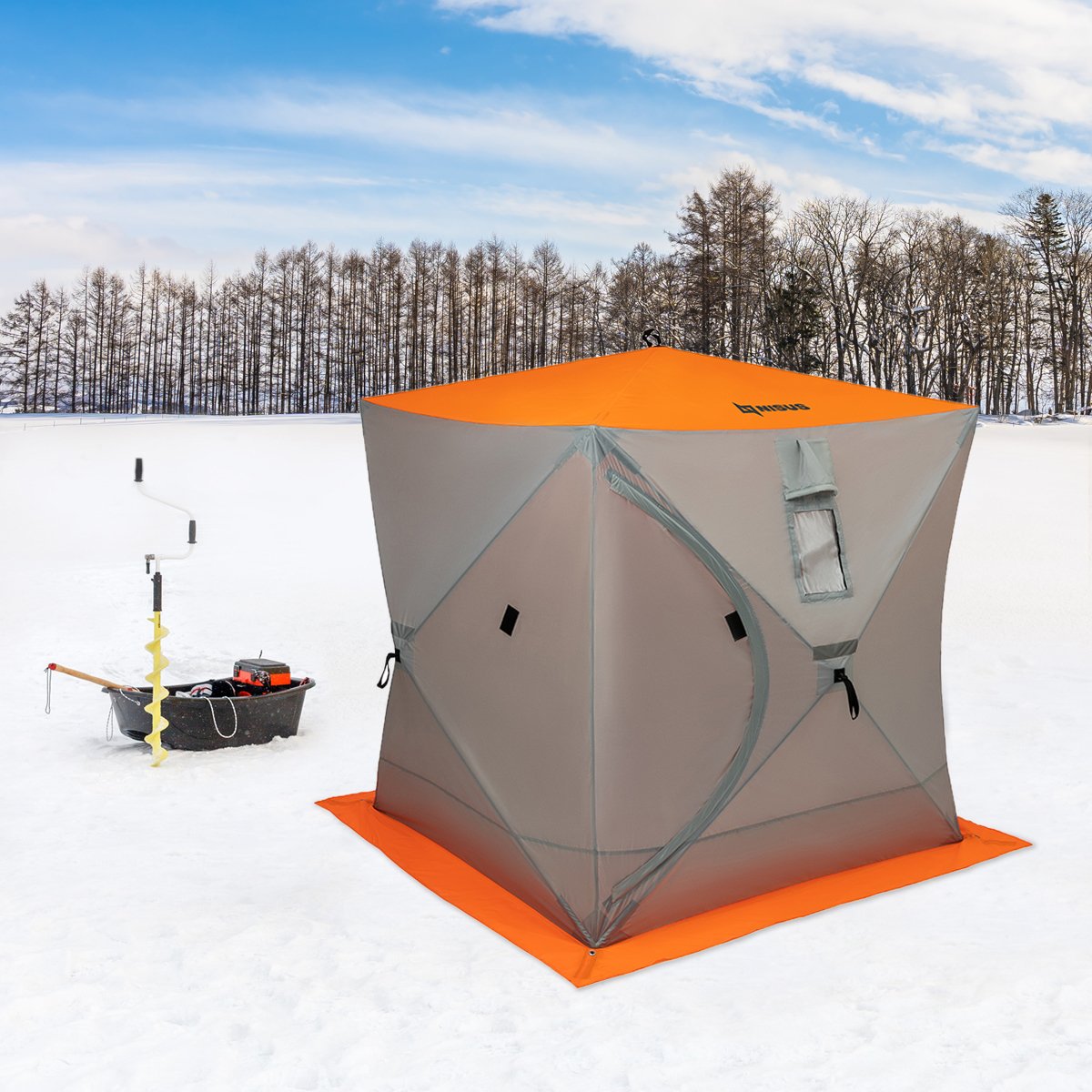 Cube Large Ice Fishing Shelter for 3 Persons, orange and lumi, on ice together with Iceberg Siberia hand auger, and an ice sled
