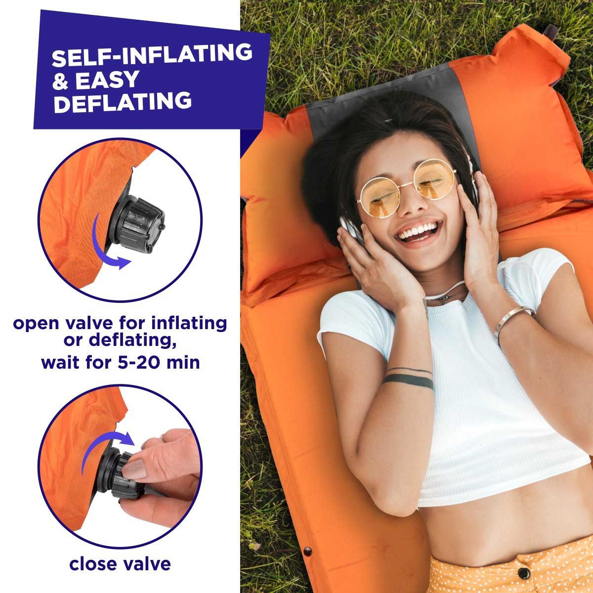 Orange Self Inflating Sleeping Pad with Pillow is very easy to setup - just open the valve, wait until the matress inflates, and close the valve