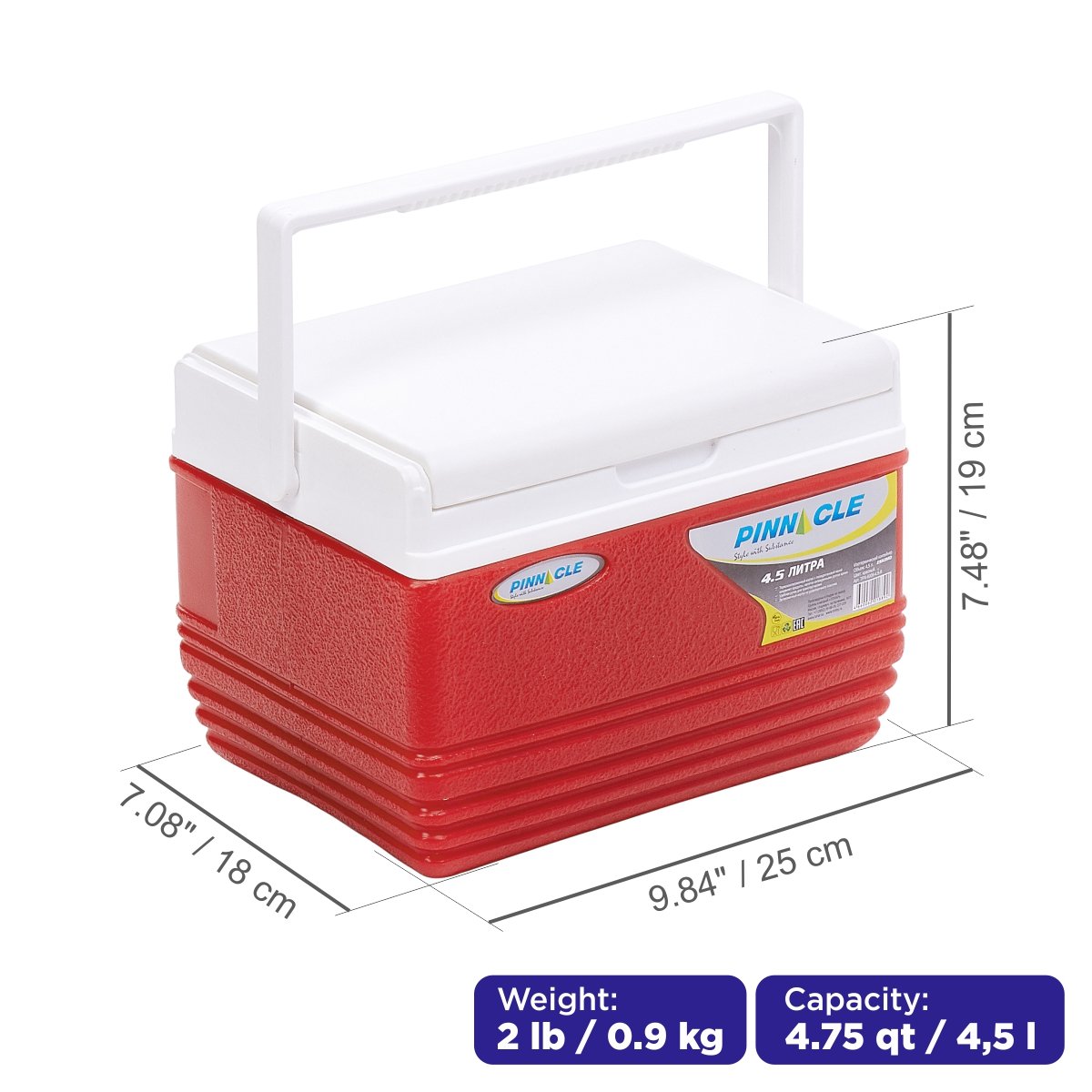 Eskimo Portable Hard-Sided Ice Chest for Camping, 4 qt, Red is 10 inches long, 7 inches wide and 7.5 inches high, weighing 2 lbs