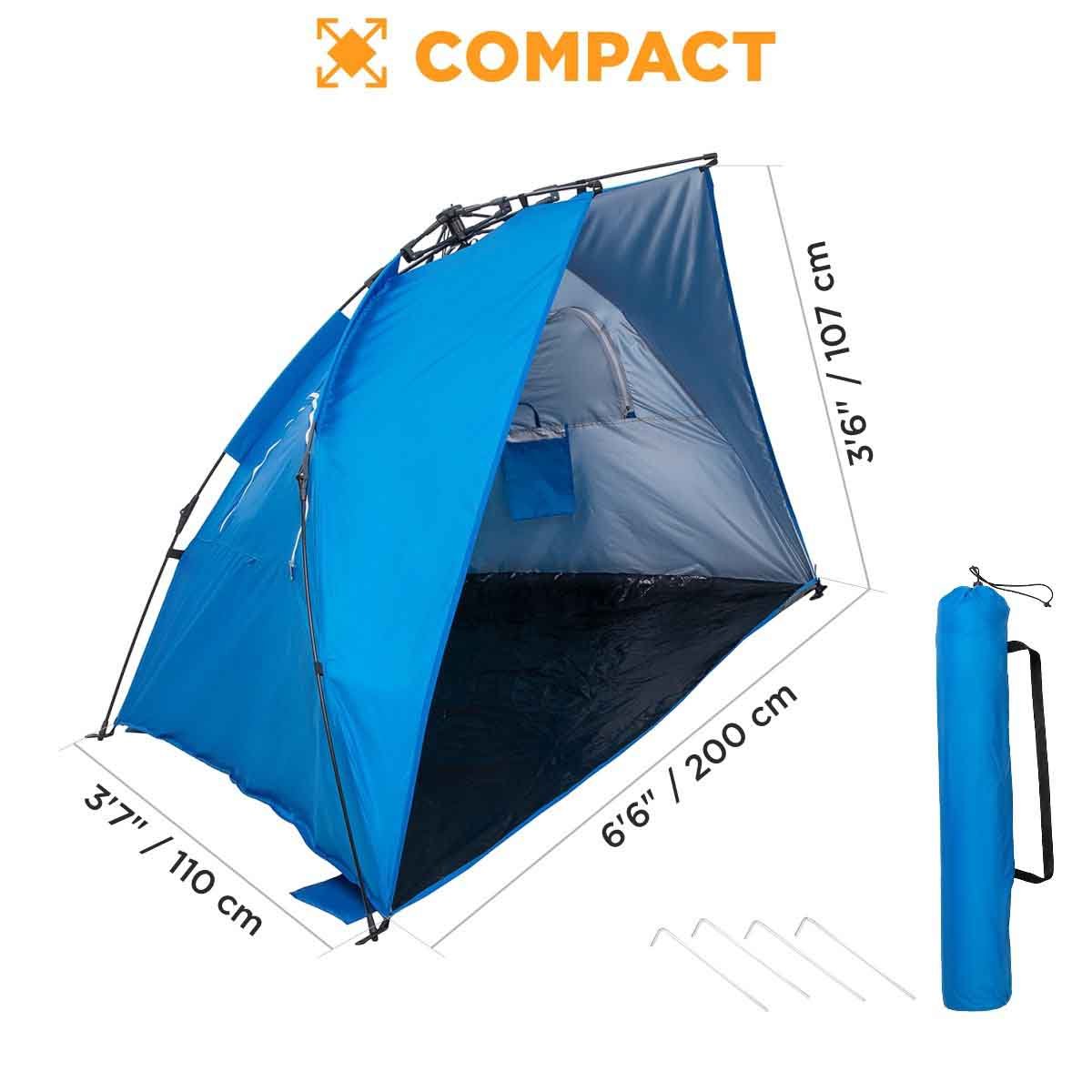 2 Person Easy Up Beach Tent Sun Shade Shelter is compactly sized - 6.6 feet wide, 3.7 feet long and 3.6 feet high.