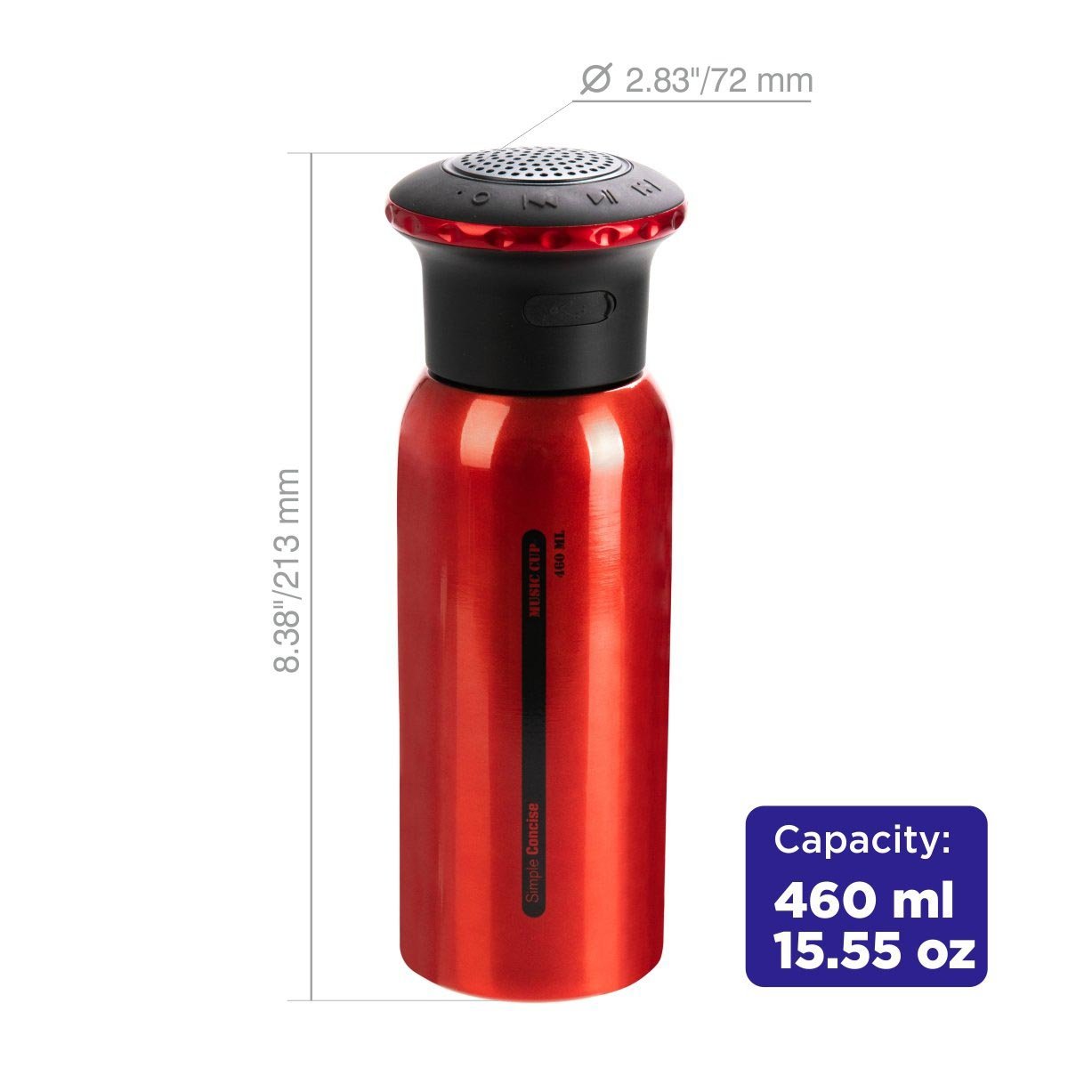 Insulated Water Bottle with Bluetooth Speaker, Red, 15 oz is 8.4 inches high and 2.83 inches wide