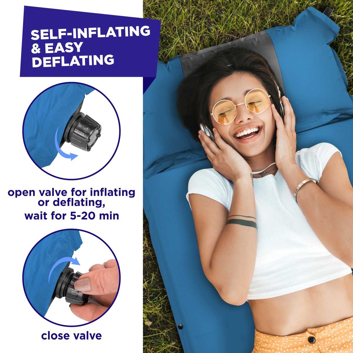 2-inch Lightweight Self Inflating Camping Sleeping Pad is easily inflating - just open the valve and close it after 5-20 minutes