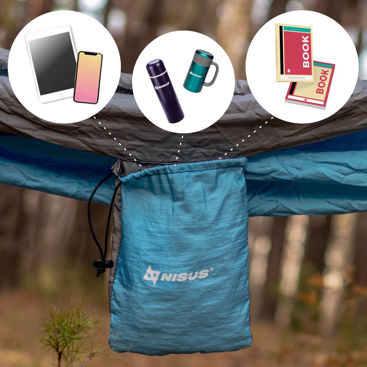 Things which could be carried in a Nisus hammock carry bag - phone, stanless steel bottle, a book.