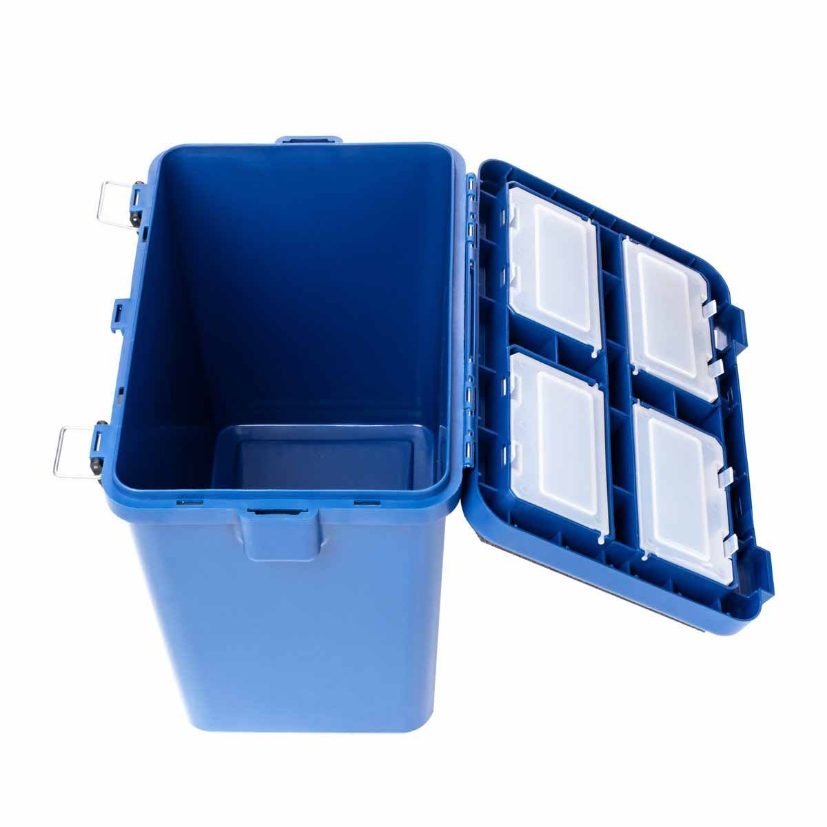ce Fishing Bucket Type Box with Seat and Adjustable Shoulder Strap has one big compartment for tackle storage