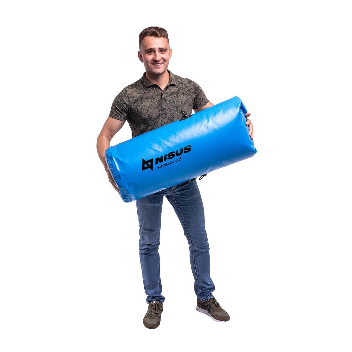 A man carrying a 70L Waterproof Large Dry Bag, Backpack with Shoulder Straps, Blue
