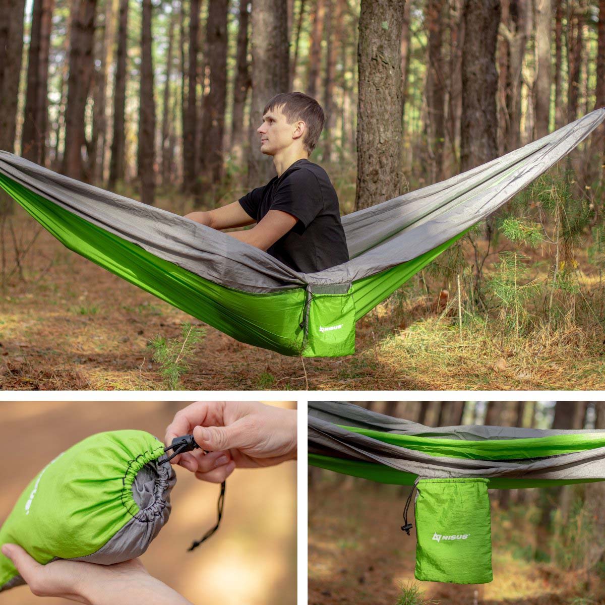 Man sitting in Nisus green camping hammock in the forest